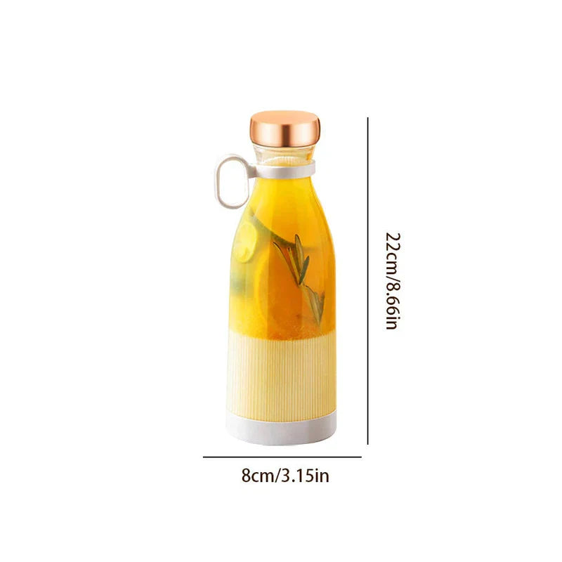 Drinking Glass - White portable juicer bottle with copper lid, holding yellow citrus beverage with lemon slices and herbs, showing dimensions of 22cm tall and 8cm wide
