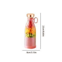 Drinking Glass - Pink portable juicer bottle with copper lid, containing layered cut kiwi, mango, and strawberry pieces, shown with 22cm height and 8cm width measurements