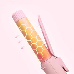 Close-up of heated curling iron barrel with honeycomb pattern, heat distribution demo