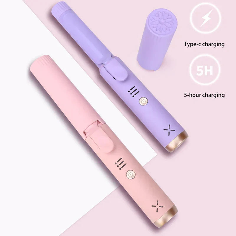 Pink and purple wireless hair curlers with Type-C 5-hour charging feature
