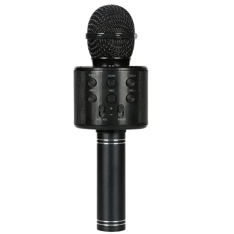 micrófono de karaoke bluetooth - Micrófono de karaoke inalámbrico negro con botones de control para reproducción, volumen, grabación y efectos de voz sobre fondo blanco