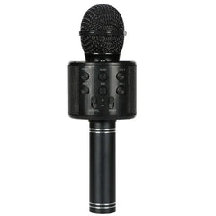 micrófono de karaoke bluetooth - Micrófono de karaoke inalámbrico negro con botones de control para reproducción, volumen, grabación y efectos de voz sobre fondo blanco