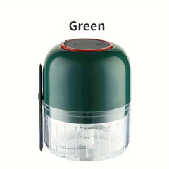 Garlic Mincer - Green compact cordless electric food chopper with clear processing bowl and attached cleaning tool