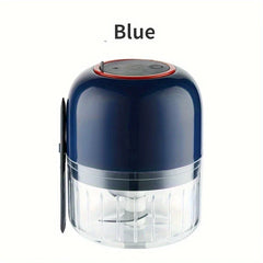 Garlic Mincer - Blue mini electric food chopper, showing empty transparent processing bowl with internal blades, against a white background.