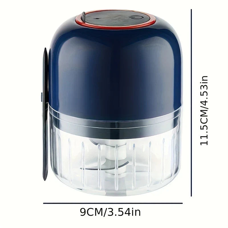 Garlic Mincer - Compact electric food chopper with height 11.5CM/4.53in and width 9CM/3.54in shown on a plain white background.