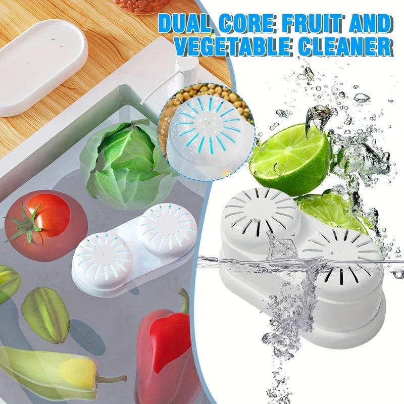 Fruit Vegetable Purifier Washer Capsule - Demonstration of the dual-core produce cleaner in a sink of water with fresh vegetables, showing water interaction during use