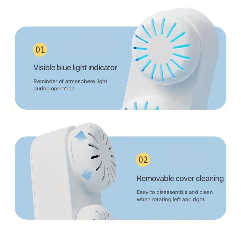 Fruit Vegetable Purifier Washer Capsule - Two-panel product diagram: panel 1 shows blue-lit ventilation slots, panel 2 shows arrows indicating rotating removable cover for cleaning