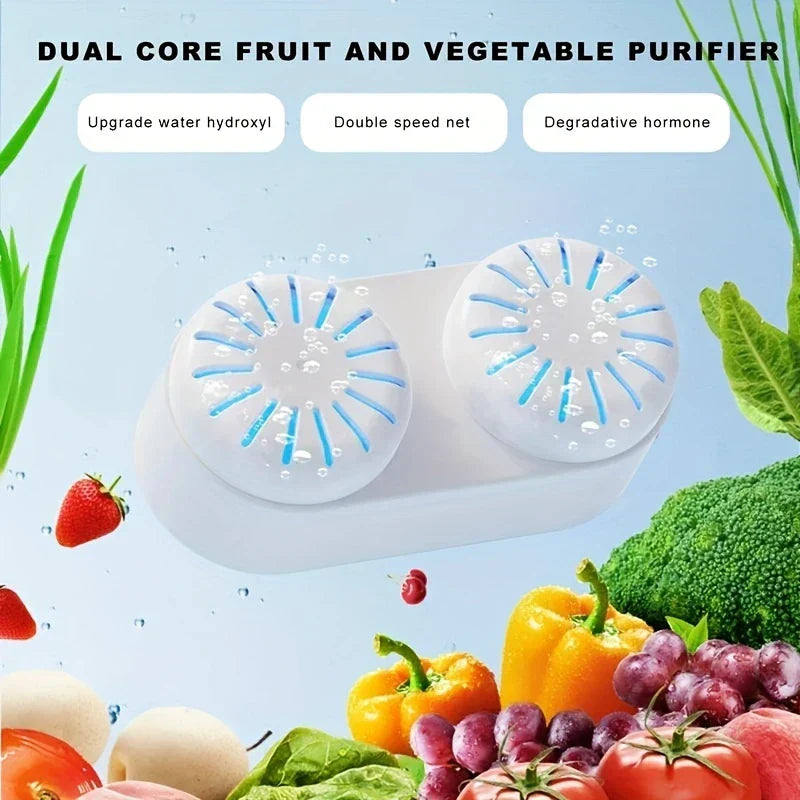Fruit Vegetable Purifier Washer Capsule - White dual-core fruit and vegetable purifier against a light blue background surrounded by produce and water bubbles with text labels above