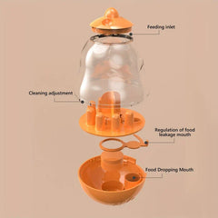 Interactive Pet Toy - Exploded view of an orange treat-dispensing toy, with labels pointing to its component parts