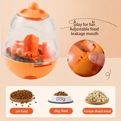 Interactive Pet Toy - Orange pet treat toy with internal kibble, inset close-up of adjustable leak opening, and compatible food examples shown below