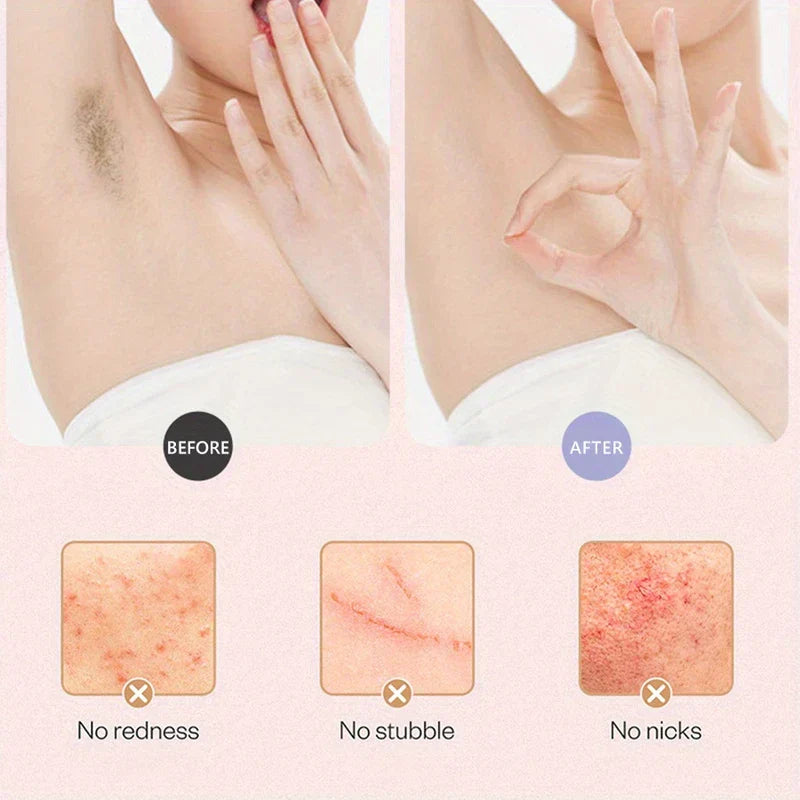 Electric Shaver - Before-and-after underarm grooming comparison showing smooth post-use skin, with callouts for no redness, no stubble, and no nicks