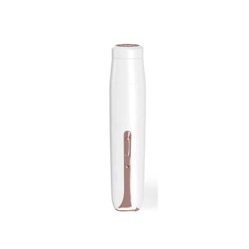 Electric Hair Removal Device - White and rose gold handheld device standing upright against a plain white background