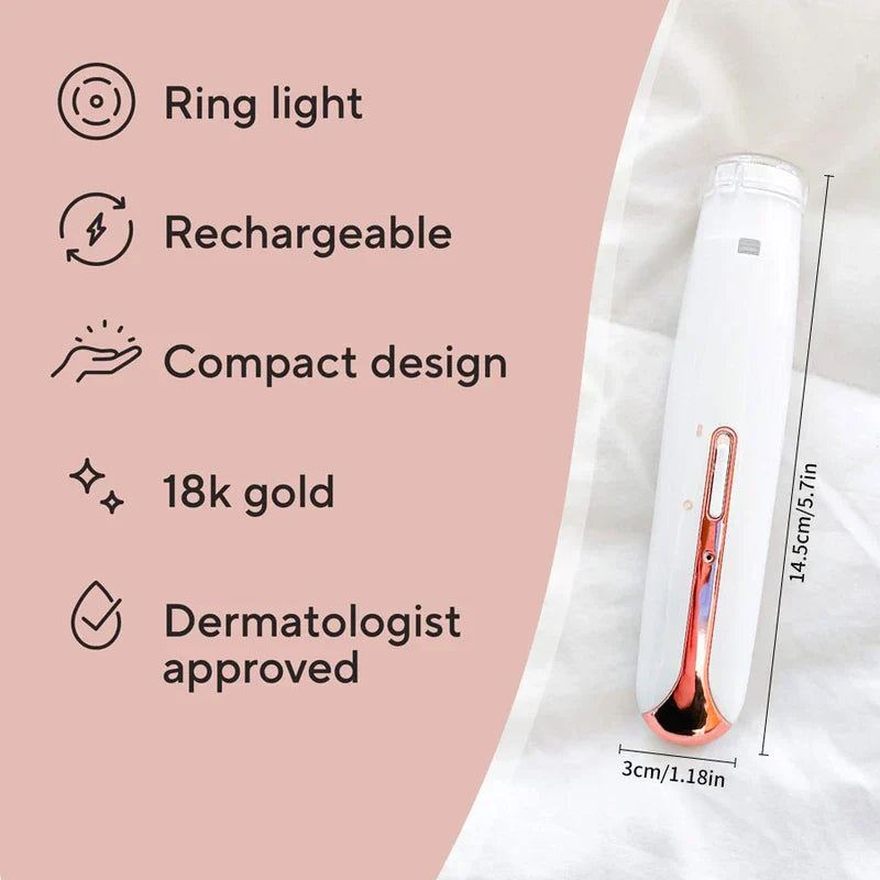 Electric Hair Removal Device - White facial hair removal device with rose gold accent rests on white fabric, listed features and dimensions alongside