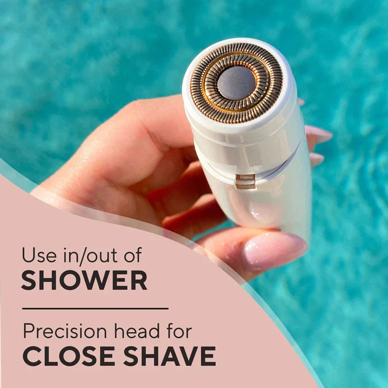 Electric Hair Removal Device - Hand holds white hair removal device over blue water background, text notes shower use and close shave precision head