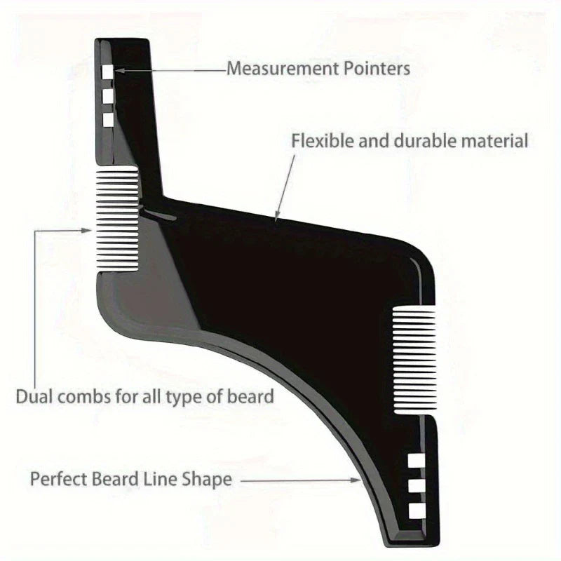 Wooden Beard Comb Mustache Styling Tool - Diagram of a black grooming comb labeling its dual comb sections, measurement pointers, contoured shaping edge, and durable material