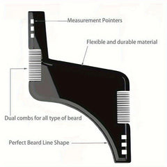 Wooden Beard Comb Mustache Styling Tool - Diagram of a black grooming comb labeling its dual comb sections, measurement pointers, contoured shaping edge, and durable material