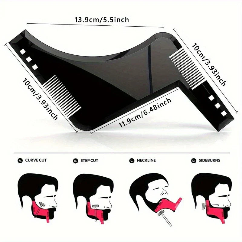 Wooden Beard Comb Mustache Styling Tool - Diagram of a black beard shaping tool with dimension labels and four usage illustrations for different beard cuts
