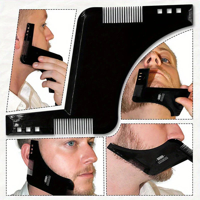 Wooden Beard Comb Mustache Styling Tool - Collage showing four ways to position the black beard shaping tool against a man's face and neck
