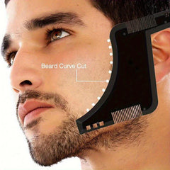 Wooden Beard Comb Mustache Styling Tool - Black beard shaping tool placed against a man's cheek and jawline, marked curve cutting guide visible on skin