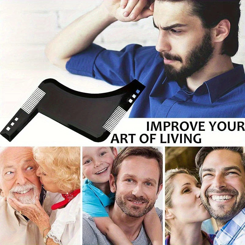 Wooden Beard Comb Mustache Styling Tool - Black beard shaping template placed above collage of four photos of men with loved ones, text reading "IMPROVE YOUR ART OF LIVING"