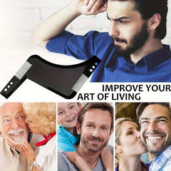 Wooden Beard Comb Mustache Styling Tool - Black beard shaping template placed above collage of four photos of men with loved ones, text reading "IMPROVE YOUR ART OF LIVING"