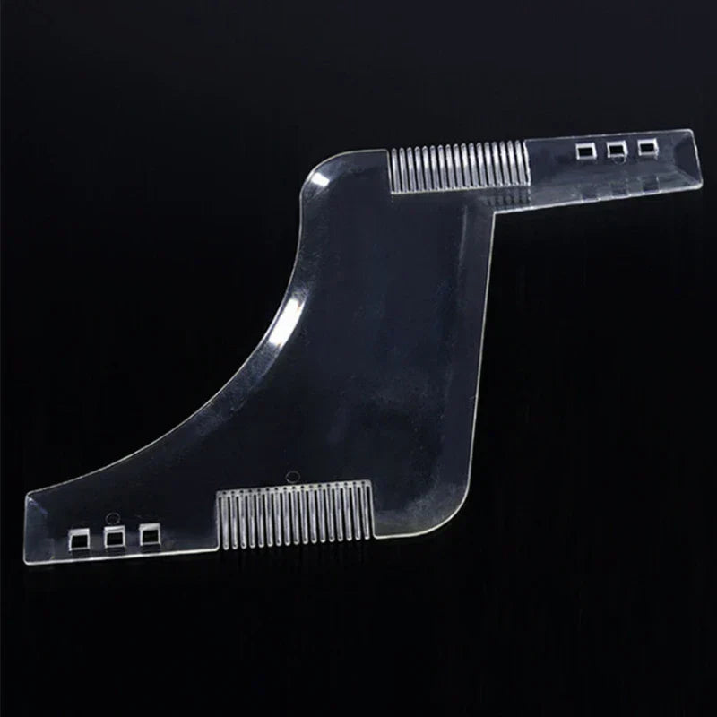 Wooden Beard Comb Mustache Styling Tool - Clear transparent beard shaping comb tool with comb teeth on two edges, laid against a solid black background