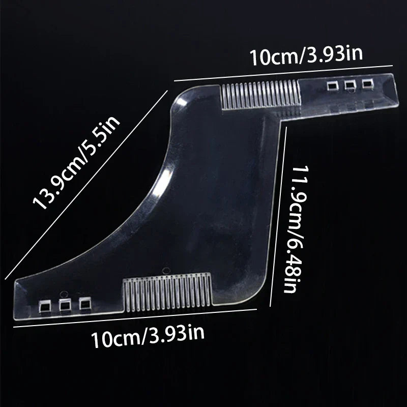 Wooden Beard Comb Mustache Styling Tool - Clear transparent curved plastic hair cutting guide with comb teeth, shown with millimeter and inch dimension labels against a black background.