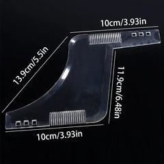 Wooden Beard Comb Mustache Styling Tool - Clear transparent curved plastic hair cutting guide with comb teeth, shown with millimeter and inch dimension labels against a black background.