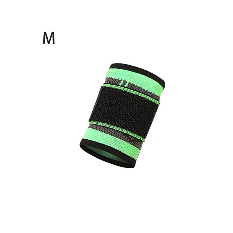 Wrist Brace Support - Medium size black and bright green knit wrist wrap displayed against a white background