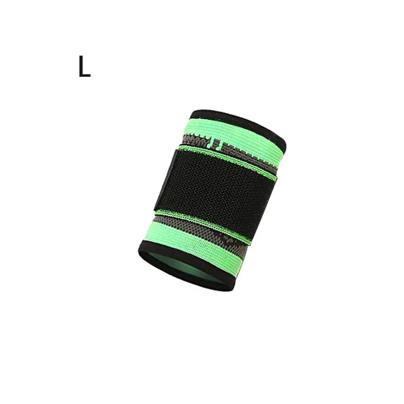 Wrist Brace Support - Black and bright green L-sized wrist support wrap against white.
