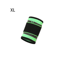 Wrist Brace Support - Black and bright green XL-sized wrist support wrap against white.