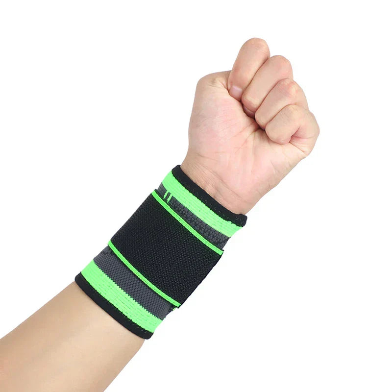 Wrist Brace Support - Black and bright green wrist wrap worn on a clenched fist, shown from a front angle