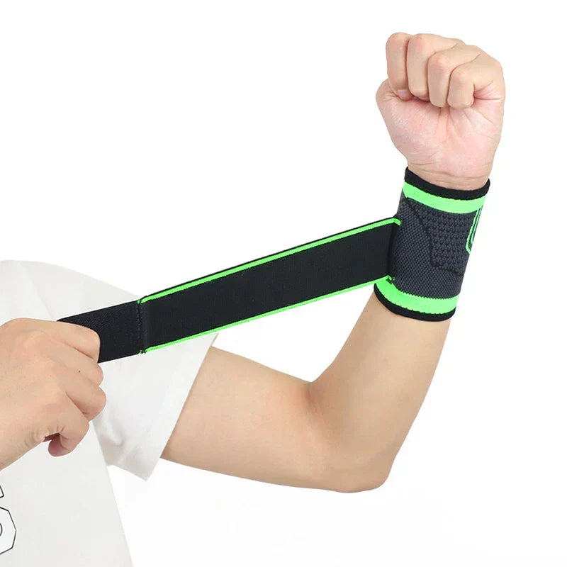Wrist Brace Support - Adjustable compression strap on a wrist wrap being pulled tight to secure fit on a wrist