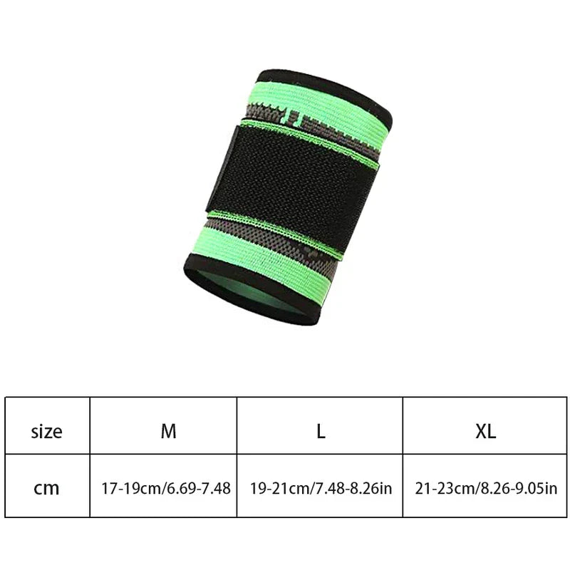 Wrist Brace Support - Black and green elastic wrist brace displayed above size chart with M, L, XL measurements in cm and inches