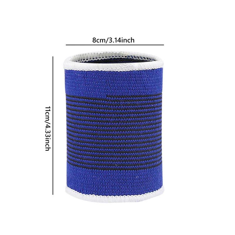 Wrist Brace - Blue elastic wrist support with white trim, flat lay showing 8 cm width and 11 cm length dimensions