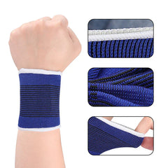 Wrist Brace - Blue elastic wrist support worn on a clenched wrist, with three close-up insets of its edges and stretch weave