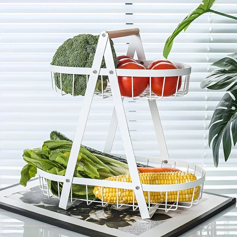 Frutero de hierro forjado - Soporte de alambre blanco de dos niveles que sostiene verduras frescas en ambos niveles de cestas