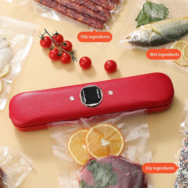 Mini Bag - Red handheld vacuum sealer surrounded by vacuum-sealed oily, wet, and dry food items on a beige surface