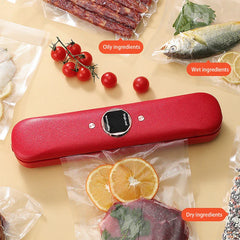 Mini Bag - Red handheld vacuum sealer surrounded by vacuum-sealed oily, wet, and dry food items on a beige surface