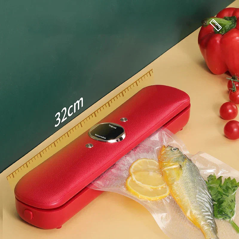 Mini Bag - Red vacuum sealer processing a bag holding a fish, lemon slices, and herbs beside a 32cm measurement mark