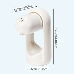 White foldable water pump with power button, labeled with size dimensions in cm and inches