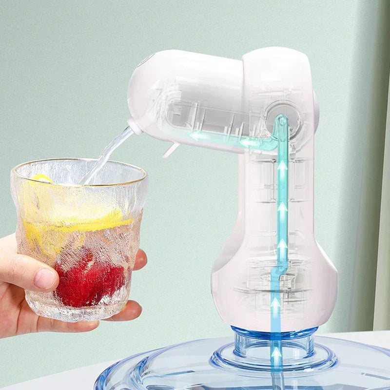 Transparent cutaway view of water pump dispensing water into a glass, showing internal water flow path