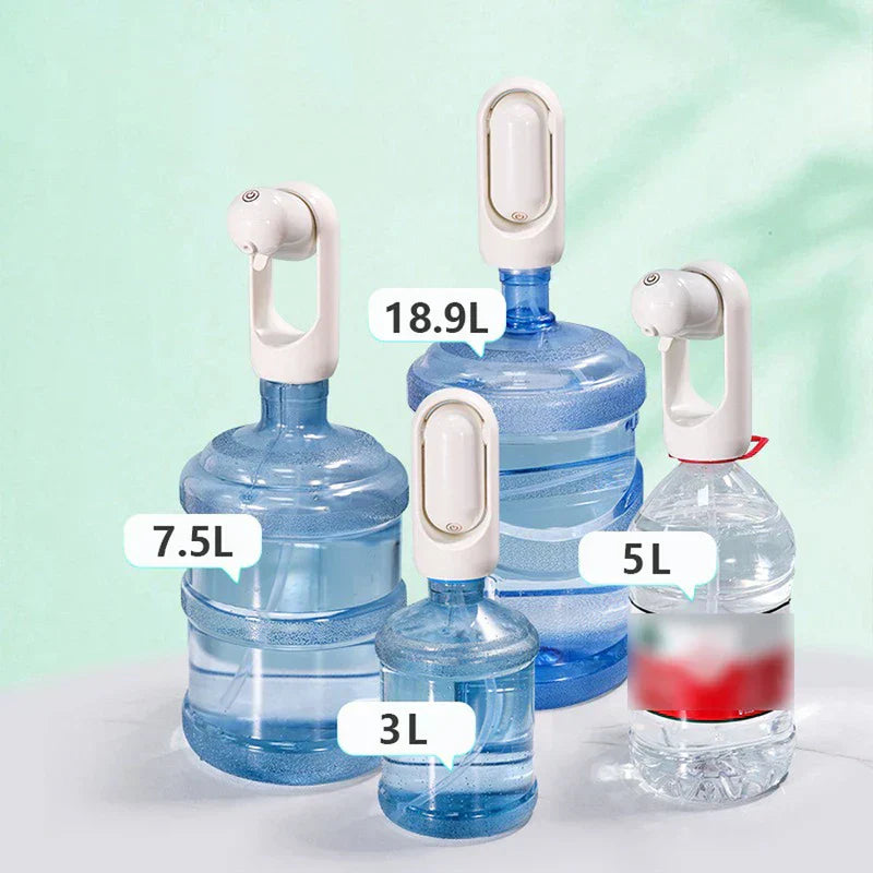 Water pump fitted on four different sized water bottles: 3L, 7.5L, 18.9L, and 5L