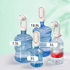 Water pump fitted on four different sized water bottles: 3L, 7.5L, 18.9L, and 5L