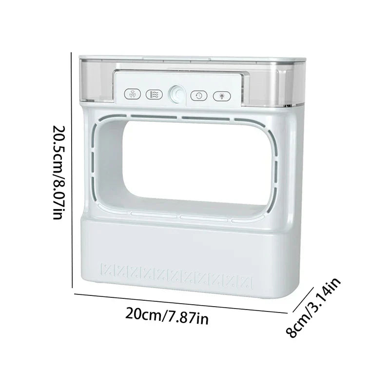 Tower Fan - White desktop device shown from front with dimensions labeled in centimeters and inches.