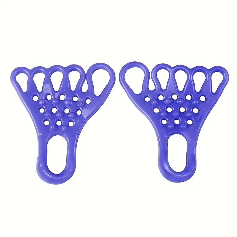 Foot Stretcher - Pair of mirrored purple flexible five-toe foot pads with small holes, raised bumps, and a lower heel loop, set against a plain white background.