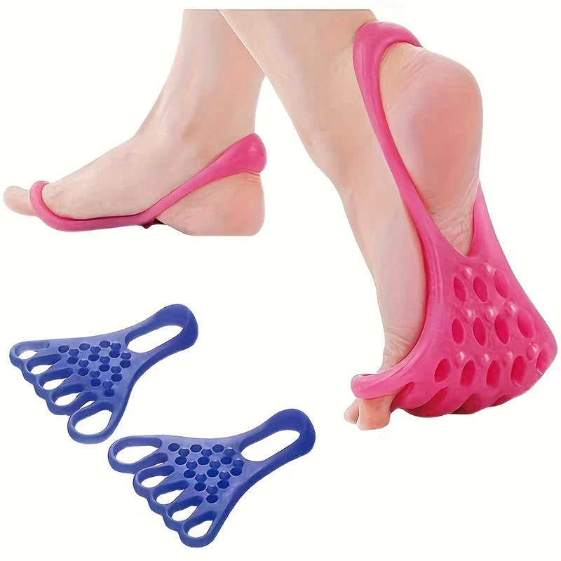 Foot Stretcher - Demonstration of the stretch tool worn on feet, with an unused blue pair displayed alongside