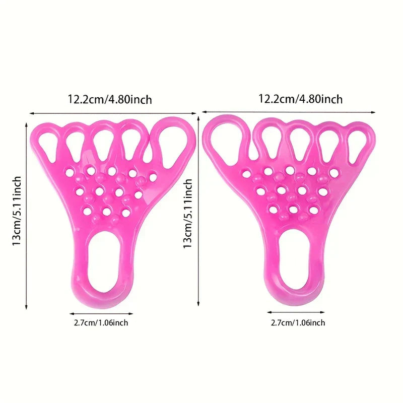 Foot Stretcher - Two identical bright pink foot orthotics laid flat, showing length, width and heel end dimension measurements.