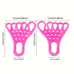 Foot Stretcher - Two identical bright pink foot orthotics laid flat, showing length, width and heel end dimension measurements.