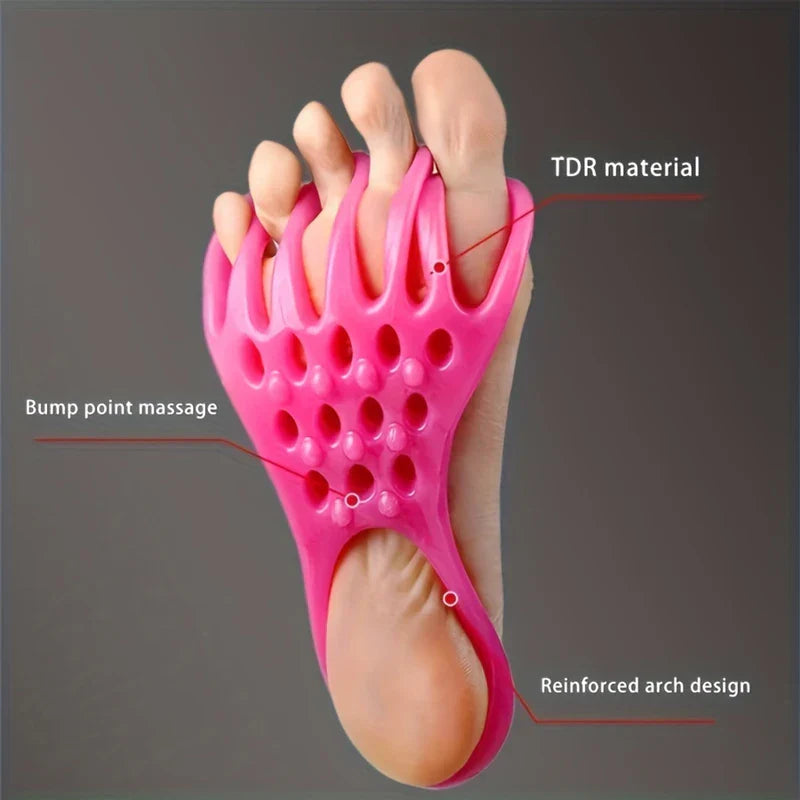 Foot Stretcher - Bright pink foot orthotic worn on a sole of a human foot, with labeled points indicating material, massage bumps, and arch design.